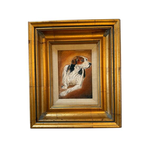 Contemporary Gold Wood Framed Oil on Canvas Portrait “Blinks Hound” Signed - Picture 1 of 13